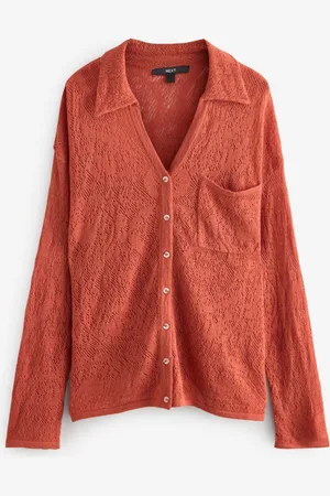 Next Orange Button Up Open Stitch Collared Knitted Shirt Jumper