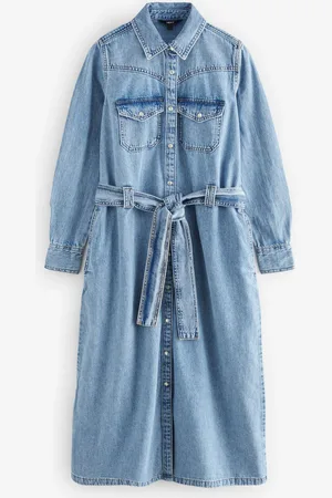 Next Mid Tiered Seam Front Denim 100% Cotton Midi Dress