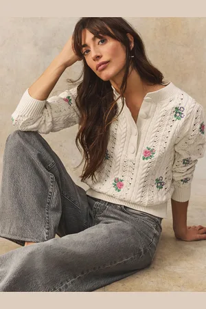 Next /Ecru Floral Embroidered Henley Knitted Jumper With Cotton