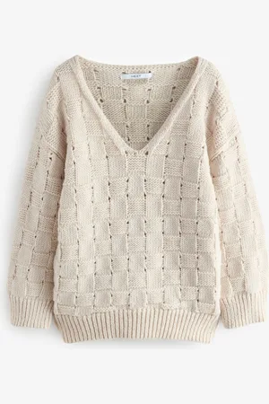 Next Ecru Waffle Stitch V-Neck Knitted Jumper with Wool