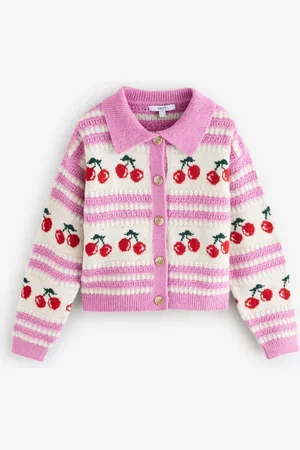 Next Red Cherry Graphic Knitted Cardigan with Collar