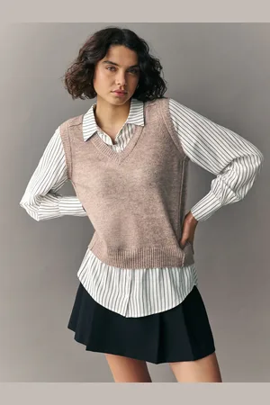 Next Stripe V-Neck Knitted Tank Shirt Layer Jumper with Wool