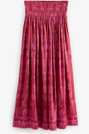 Next Red/ Glossy Satin Printed Pleat Maxi Skirt