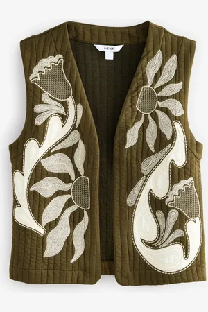 Next Khaki Quilted Floral Pattern Boho Embroidered Gilet