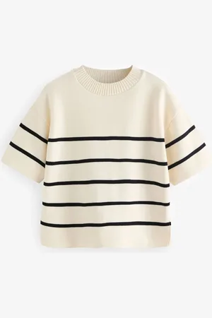 Next Ecru/ Cosy Soft Touch Boxy Short Sleeve Striped Knitted Jumper Top