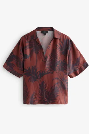 Next Brown/ Palm Print V-Neck Collared Satin Shirt