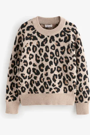 Next Animal Leopard Premium 100% Lambswool Pattern Crew Neck Knitted Jumper