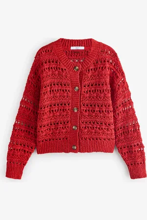 Next Red 100% Cotton Stitch Knitted Cardigan