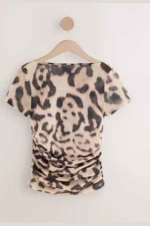 Next Leopard Print Short Sleeve Ruched Mesh Top