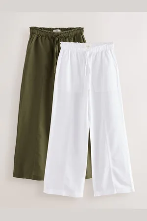 Next Khaki/ Wide Leg Pull On Linen Blend Trousers 2 Pack