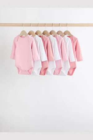 Next Pink/ 7 Pack Essential Long Sleeve 100% Cotton Baby Bodysuits