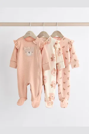 Next Bear Two Way 100% Cotton Zip Baby Sleepsuits 3 Pack (0mths-2yrs)