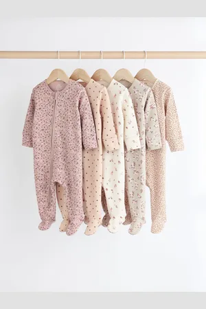Next Caramel 100% Cotton Two Way Zip Baby Sleepsuits 5 Pack (0-2yrs)
