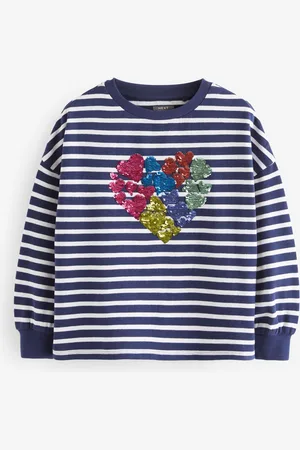 Next Stripe 100% Cotton Sequin Heart Long Sleeve T-Shirt (3-16yrs)