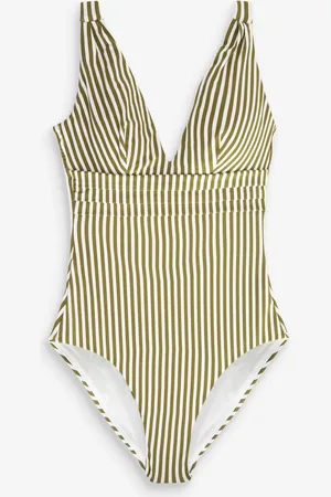 Next Khaki /Ecru Stripe Plunge Shaping Tummy Control Swimsuit