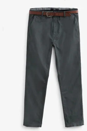 Next Charcoal Straight Fit Belted Soft Touch Chino Trousers