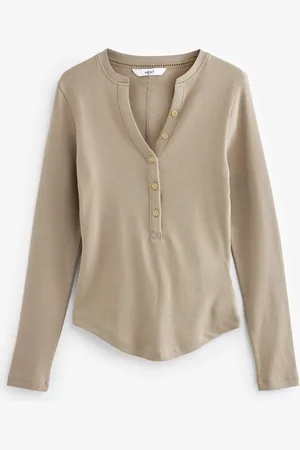 Next Taupe Ribbed Button Detail Long Sleeve Henley Top