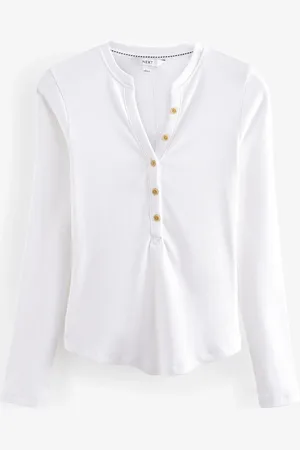 Next Ribbed Button Detail Long Sleeve Henley Top