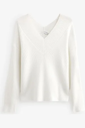 Next Ecru Relaxed Fit Ribbed V-Neck Knitted Jumper