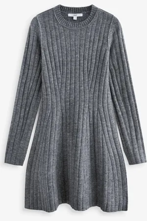 Next Ribbed Fit And Flare Mini Knitted Jumper Dress With Wool