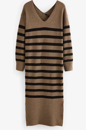 Next Camel Stripe Long Sleeve V-Neck Midi Ribbed Knitted Jumper Dress
