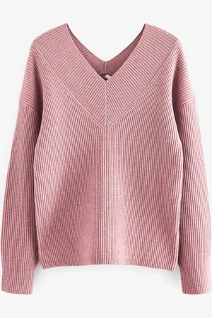 Next Blush Relaxed Fit Ribbed V-Neck Knitted Jumper