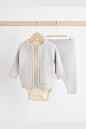 Next Knit Zip 100% Cotton Jumper and Joggers 3 Piece Set (0mths-2yrs)