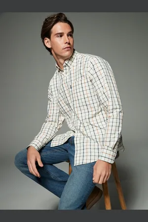 Next Ecru Tattersall Check Regular Fit Easy Iron Button Down Oxford Shirt