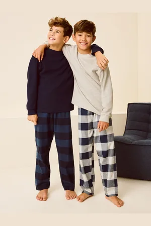 Next /Grey Textured Top 2 Pack Long Sleeve Woven Check Pyjamas (3-16yrs)
