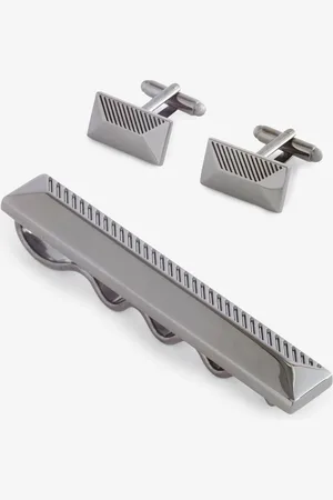 Next Gun Metal Pyramid Textured Cufflink And Tie Clip Set