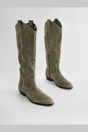 Next Khaki Forever Comfort Suede Stitched Cowboy Knee High Boots