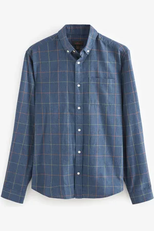 Next Blue 100% Cotton Signature Brushed Flannel Check Long Sleeve Oxford Shirt