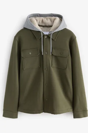 Next Khaki Borg Lined Popper Shacket with Hood