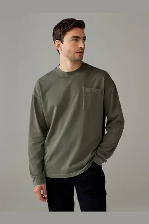 Next Khaki Long Sleeve Garment Dye Heavyweight 100% Cotton T-Shirt
