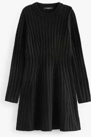Next Ribbed Fit And Flare Mini Knitted Jumper Dress With Wool