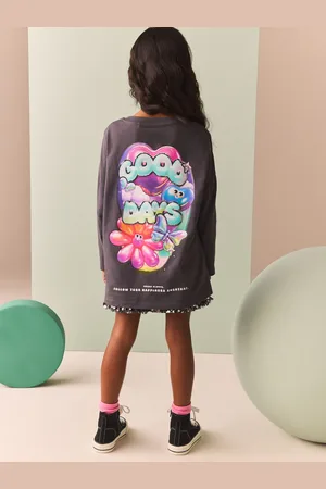 Next Charcoal Oversized Long Sleeve Butterfly Graphic 100% Cotton T-Shirt (3-16yrs)