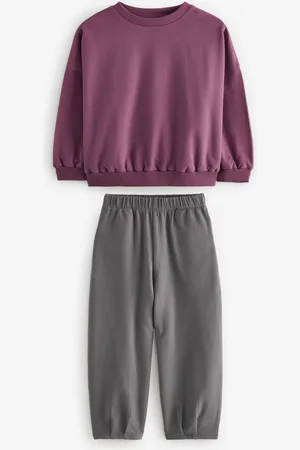 Next Purple Oversized 100% Cotton Sweat and Check Barrel Leg Joggers Set (3-16yrs)