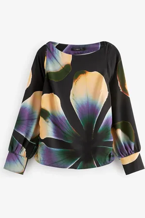 Next /Purple Floral Print Long Sleeve Gathered Sides Blouse