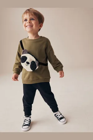 Next Khaki Panda Utility Bumbag Crew Neck 100% Cotton Sweatshirt and Joggers Set (3mths-7yrs)
