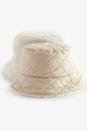 Next Ecru Reversible Borg Bucket Hat