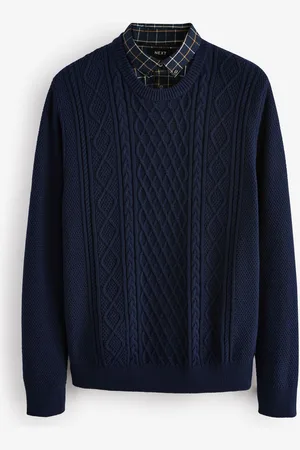 Next Cable Gingham Crew Neck Regular Mock Shirt Jumper