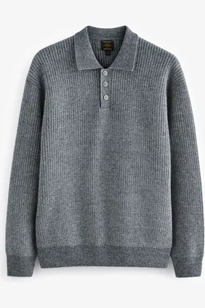Next Charcoal Relaxed Fit Rib Texture Polo Neck Jumper with Wool