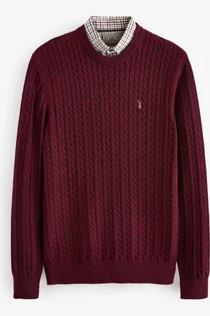 Next Burgundy Red Cable Crew Neck Regular Mock Shirt Jumper