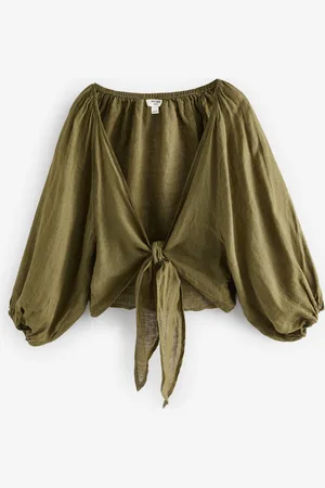 Next Khaki Premium 100% Linen Boho Tie Top