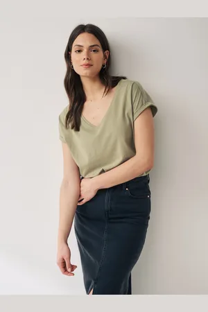 Next Olive Shallow V-Neck 100% Cotton Rich Cap Sleeve T-Shirt