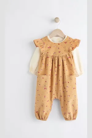 Next Ochre Yellow Ditsy Floral Baby Corduroy 100% Cotton Dungarees and Long Sleeve Bodysuit Set (0mths-2yrs)
