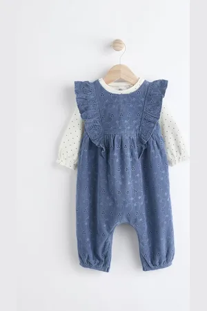 Next Blue Broderie Baby Corduroy 100% Cotton Dungarees and Long Sleeve Bodysuit Set (0mths-2yrs)