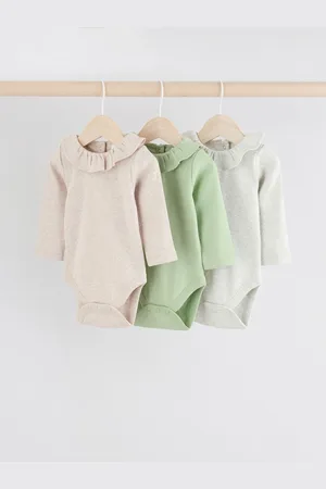 Next Sage Green/ / Grey Pointelle Baby Long Sleeve 100% Cotton Bodysuits 3 Pack