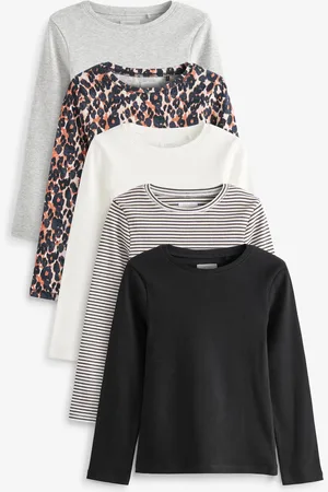 Next /Animal/White/Stripe 5 Pack Ribbed Long Sleeve Tops (3-16yrs)