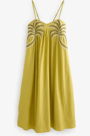 Next Lime Embroidered Palm 100% Cotton Midi Dress